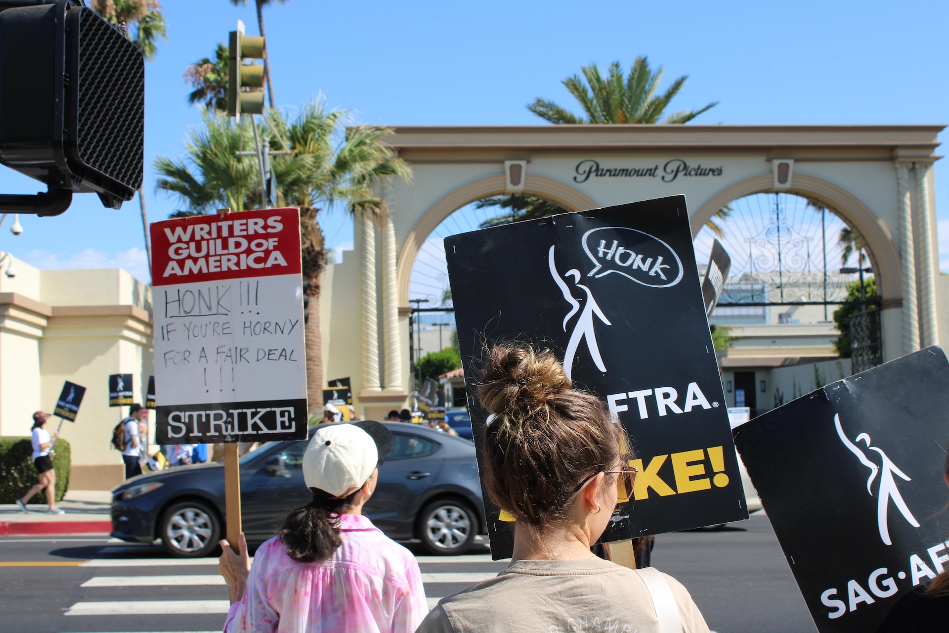 Writers strike outside a Hollywood studio