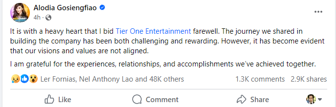Alodia Gosienfiao announces departure from Tier One Entertainment