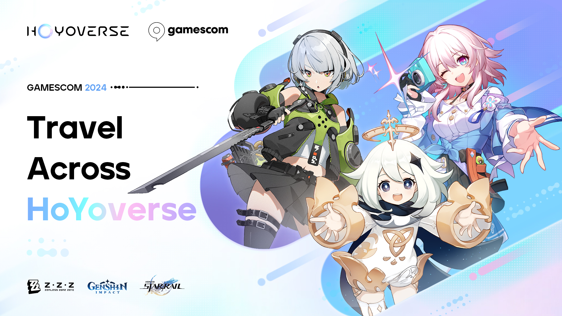 Hoyoverse logo introducing Genshin Impact, Honkai: Star Rail and Zenless Zone Zero