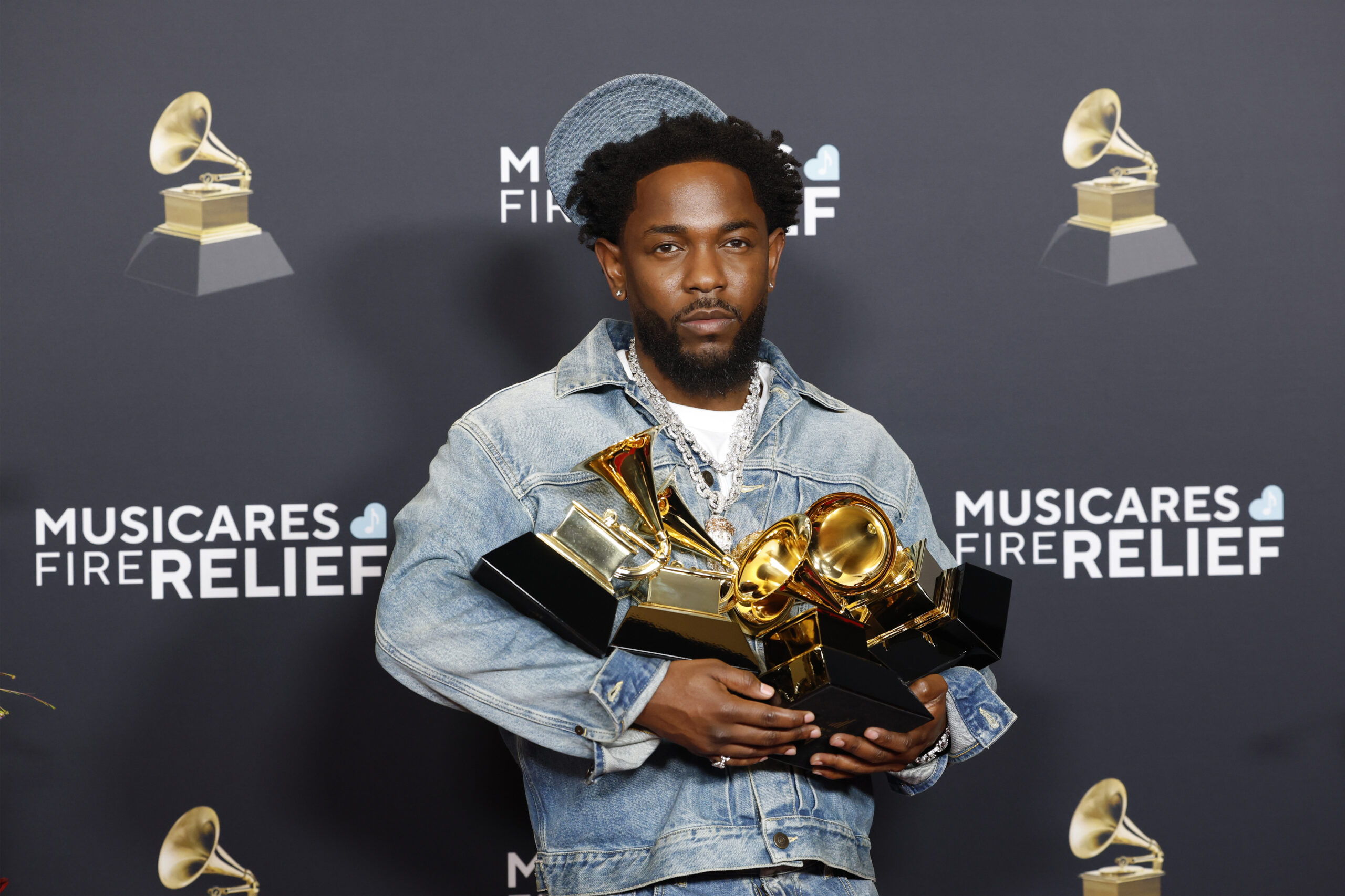 Kendrick Lamar, winner of Record Of The Year, Best Rap Performance, Best Rap Song, Best Music Video and Song Of The Year for “Not Like Us”, poses in the press room during the 67th GRAMMY Awards at Crypto.com Arena.