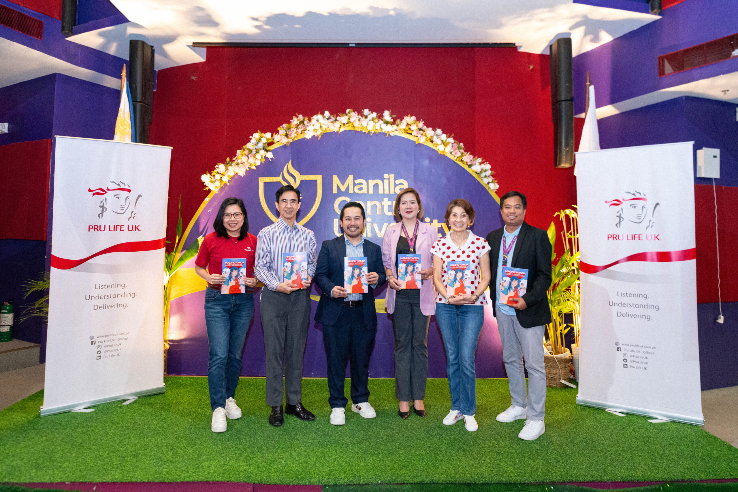 Pru Life UK’s Board of Directors Chairperson Ms. Nenet Lavares (2nd from right) and VP for Government Relations & Sustainability Maricel Estavillo (leftmost), together with Dr. Renzo Guinto (3rd from left) and Manila Central University President Dr. Renato Tanchoco Jr.(2nd from left), Basic Education Department Principal Ms. Eloisa Reyes (3rd from right), and K-10 Assistant Principal Mr. Dennis Javier (1st from right).