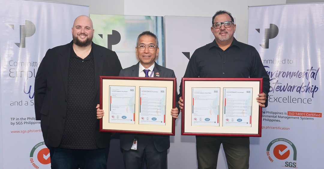 Chief People Officer Jeffrey Johnson and Chief Executive Officer Rahul Jolly receive the ISO 45001:2018 (Occupational Health and Safety Management System) and ISO 14001:2015 (Environmental Management Systems) certifications from Cresenciano Maramot, Managing Director of Société Générale de Surveillance in the Philippines & Guam.