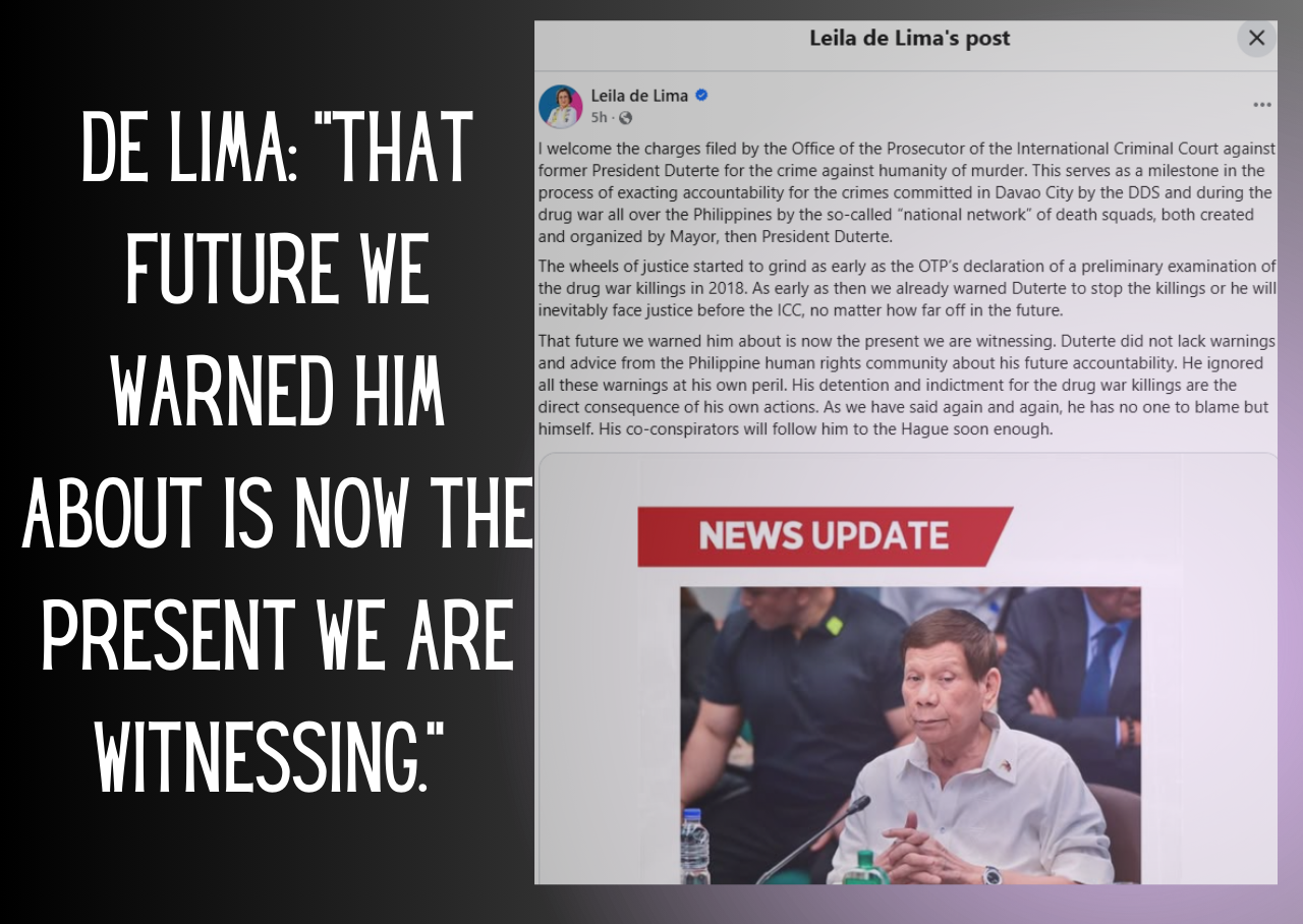 Leila De Lima's Facebook post praising ICC's charges against Duterte.