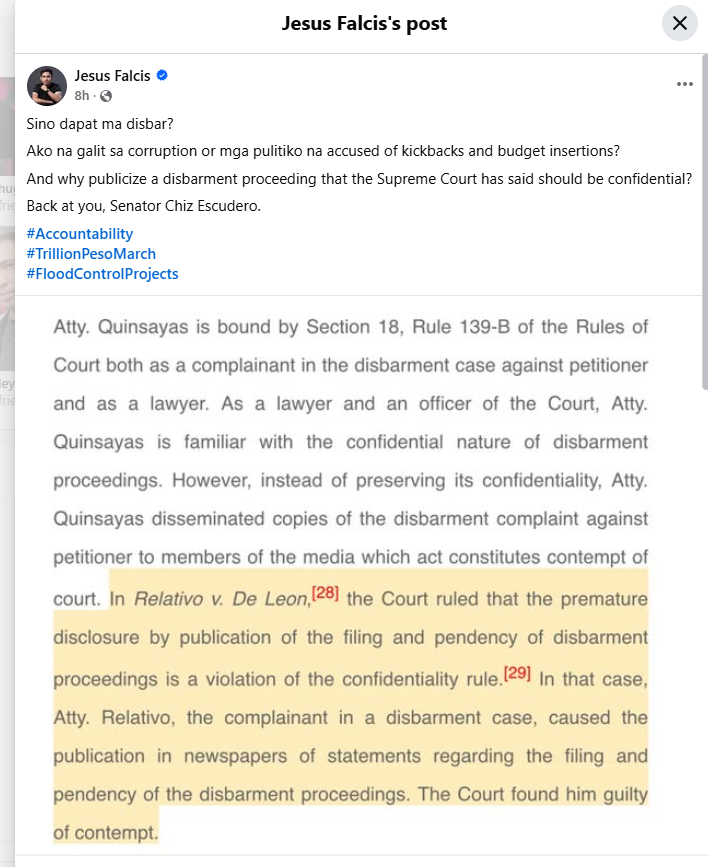 Jesus Falcis Facebook Post calling out Chiz Escudero. 