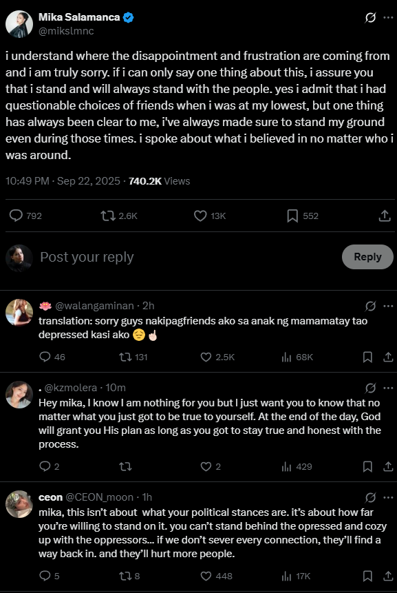 Mika Salamanca apologizes on X regarding her friendship with Kitty Duterte. 