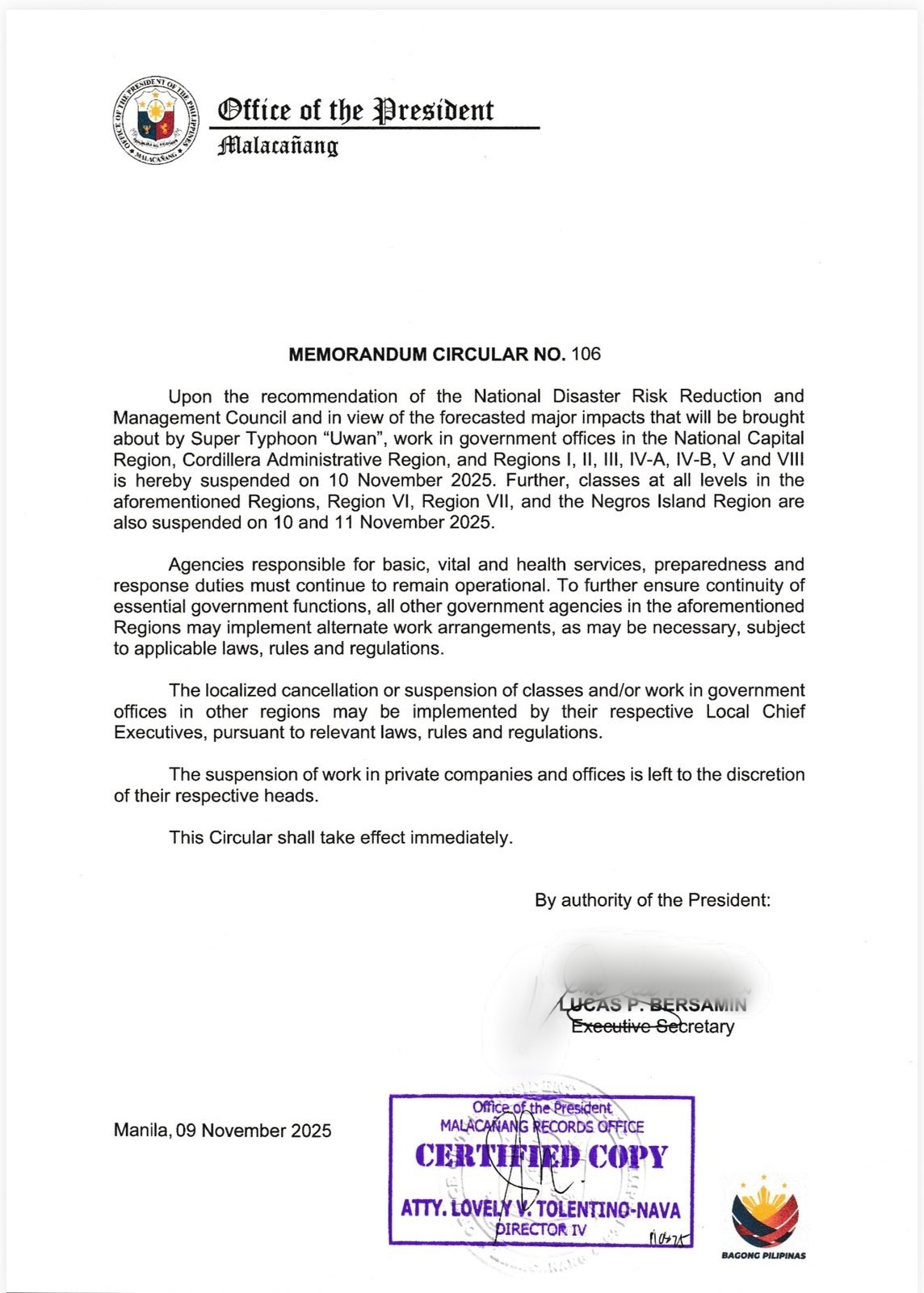 Malacañang Memorandum via Quezon City Government