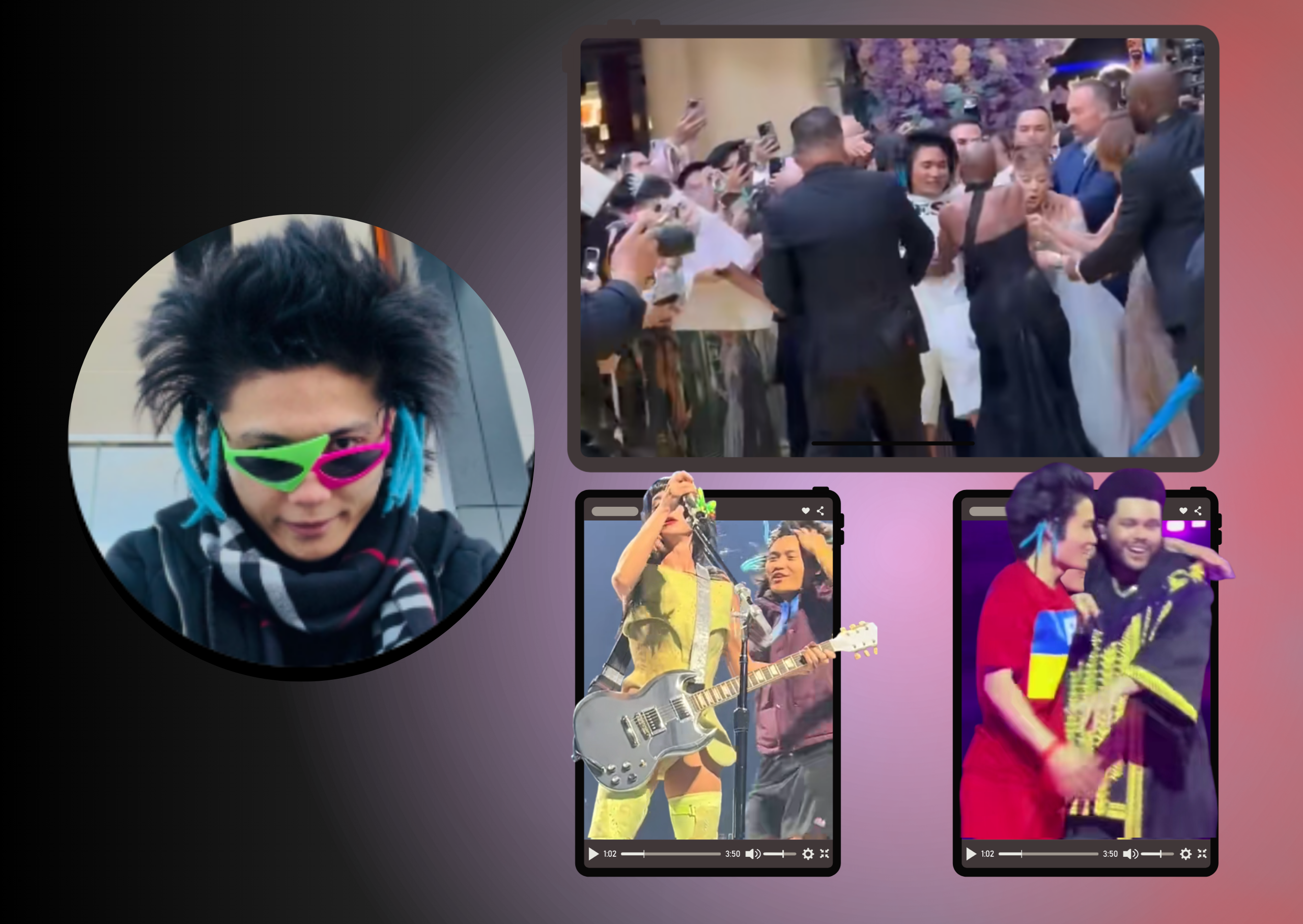 The collage shows Pyjama Man repeatedly inserting himself into celebrity events, from rushing a premiere carpet to jumping onstage during major concerts.