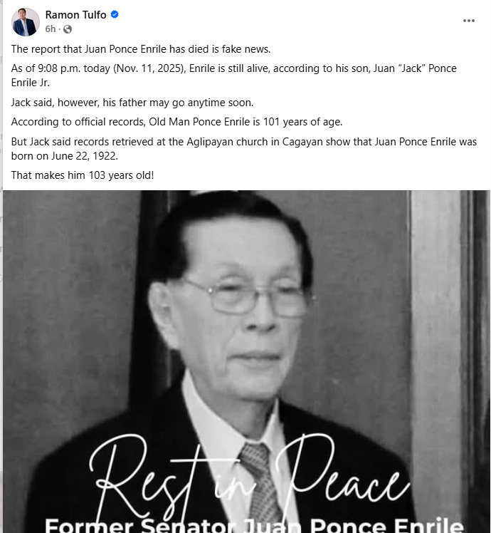Ramon Tulfo called out people spreading false news on Juan Ponce Enrile's Health. 