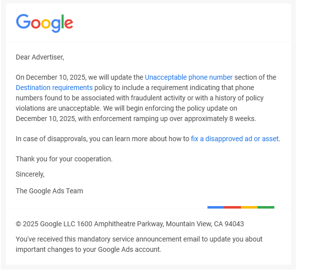 Screenshot of Google announcement about its latest policy.