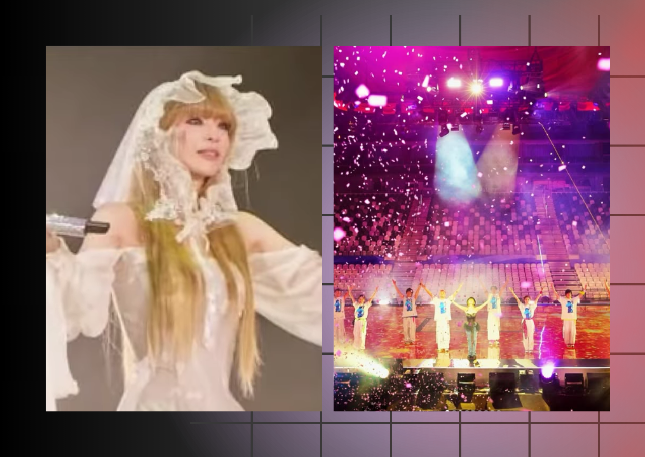 Ayumi Hamasaki and team performing onstage with empty seats in Shanghai.
